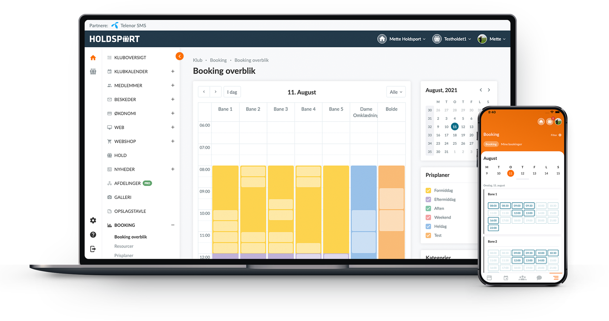 Booking-overblik i Holdsports webadministration – ressourcer og tider på computer og mobil